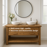 Handcrafted Solid Wood Double Bathroom Vanity – Scandinavian Rustic Base with 2 Drawers and Open Shelf