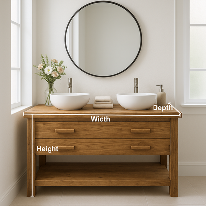 Handcrafted Solid Wood Double Bathroom Vanity – Scandinavian Rustic Base with 2 Drawers and Open Shelf