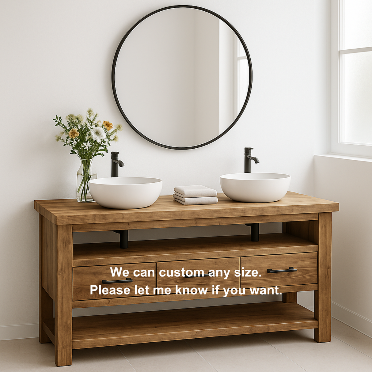 Handcrafted Solid Wood Double Sink Vanity – Modern Rustic Base with 3 Drawers and Open Shelf