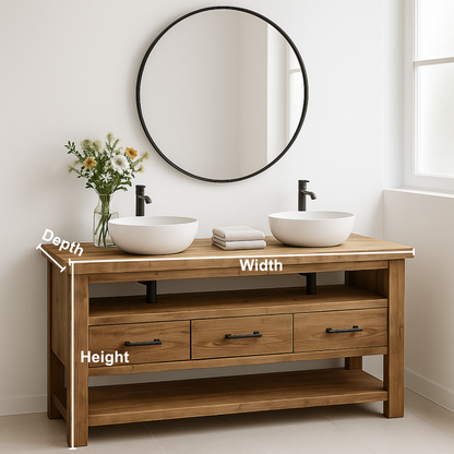 Handcrafted Solid Wood Double Sink Vanity – Modern Rustic Base with 3 Drawers and Open Shelf