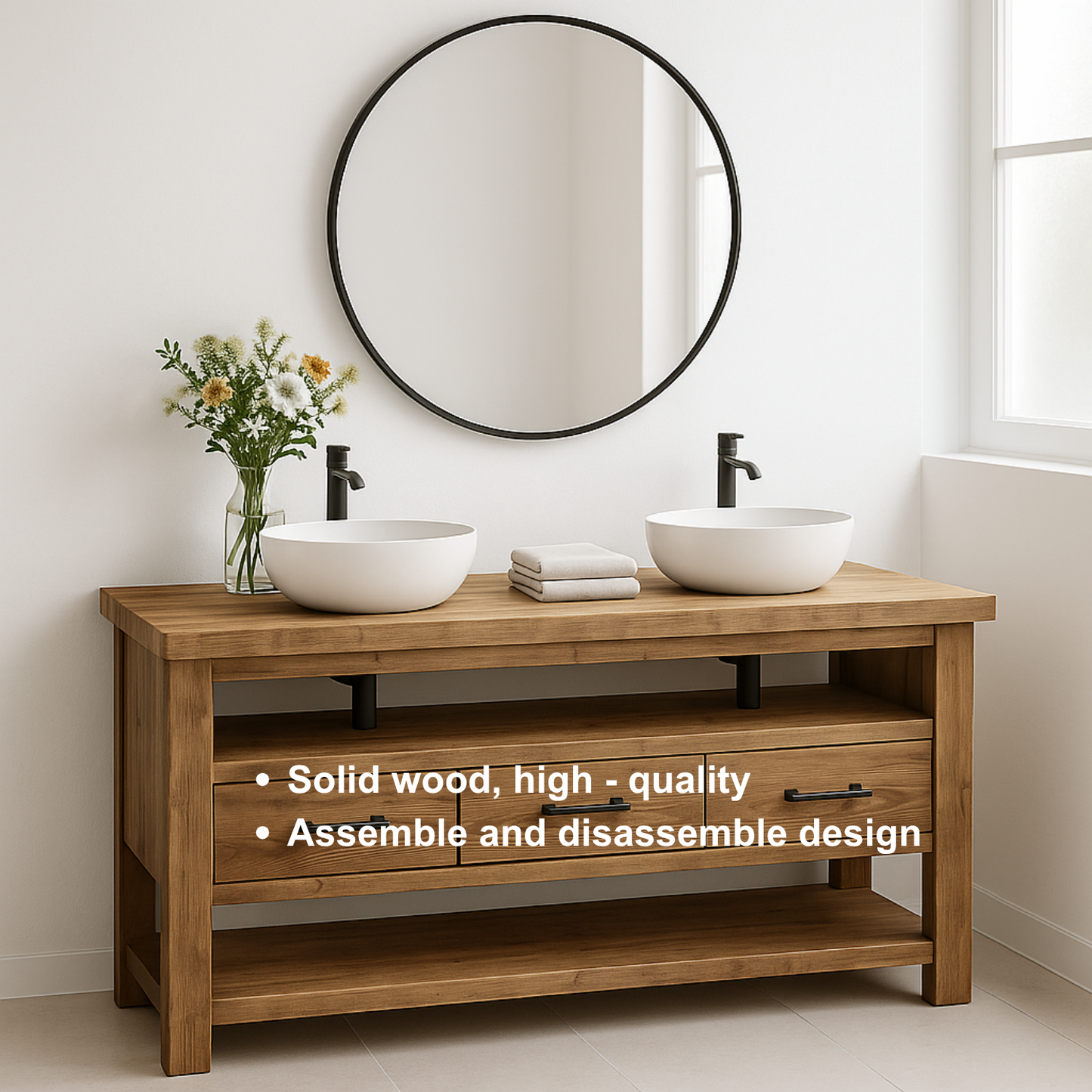 Handcrafted Solid Wood Double Sink Vanity – Modern Rustic Base with 3 Drawers and Open Shelf