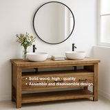 Handcrafted Solid Wood Double Sink Vanity – Modern Rustic Base with 3 Drawers and Open Shelf
