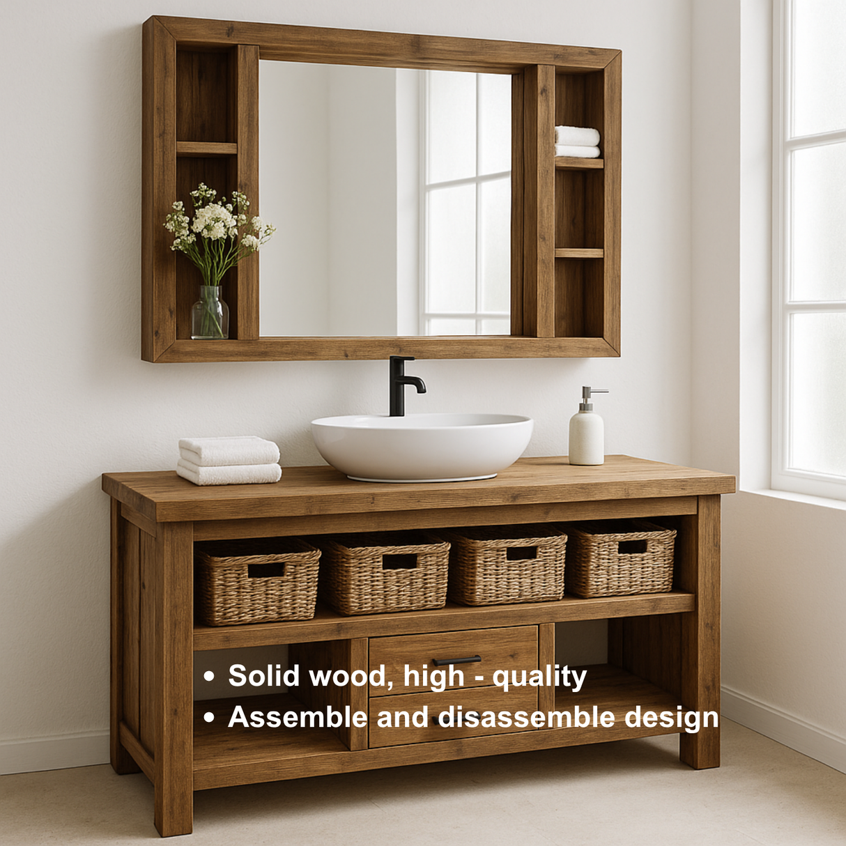 Handcrafted Solid Wood Bathroom Vanity – Rustic Farmhouse Base with Drawers and Open Storage Shelf