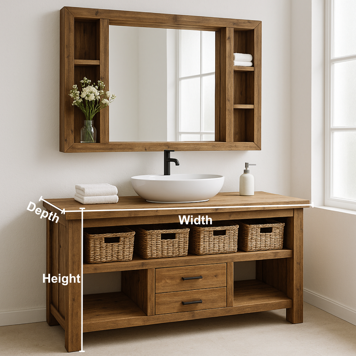 Handcrafted Solid Wood Bathroom Vanity – Rustic Farmhouse Base with Drawers and Open Storage Shelf