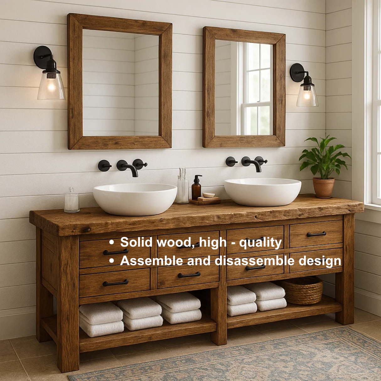 Handcrafted Solid Wood Double Sink Vanity – Rustic Farmhouse Base with 8 Drawers and Open Shelf