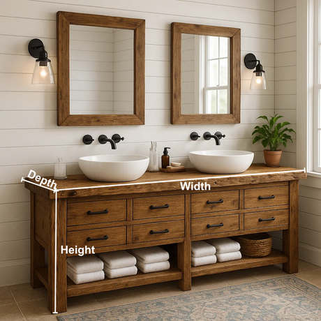 Handcrafted Solid Wood Double Sink Vanity – Rustic Farmhouse Base with 8 Drawers and Open Shelf