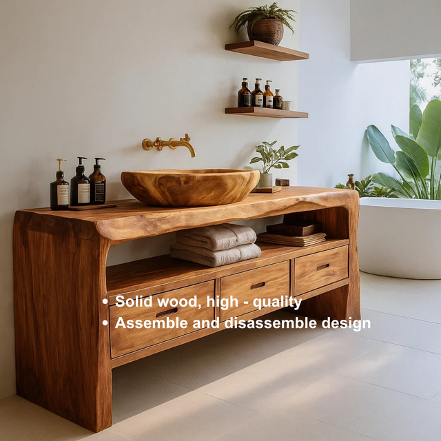 Handcrafted Solid Wood Live-Edge Bathroom Vanity – Organic Modern Base with 3 Drawers and Open Shelf