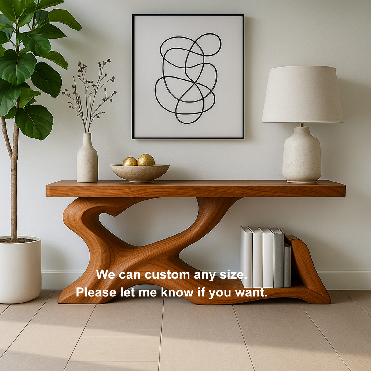 Handcrafted Solid Wood Sculptural Console Table – Organic Flow Design with Built-In Book Storage
