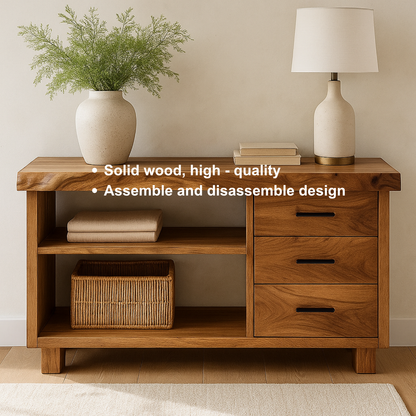 Handcrafted Solid Wood Console Table – Live Edge Rustic Design with Drawers and Open Storage Shelves