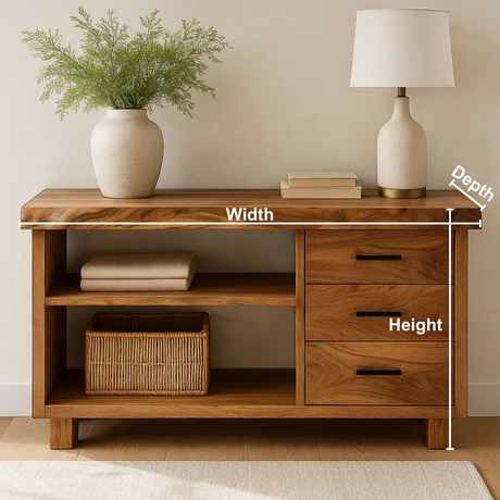 Handcrafted Solid Wood Console Table – Live Edge Rustic Design with Drawers and Open Storage Shelves