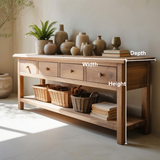 Handcrafted Solid Wood Console Table – Rustic Natural Finish with Drawers & Open Shelf