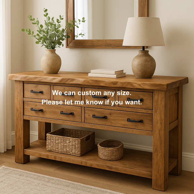 Handcrafted Solid Wood Console Table – Rustic Farmhouse Design with 6 Drawers & Open Shelf