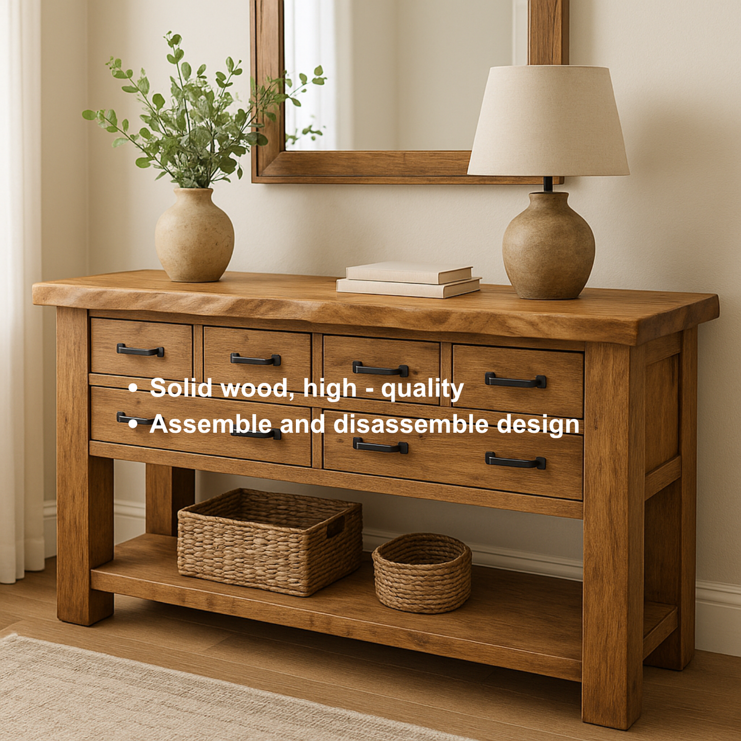 Handcrafted Solid Wood Console Table – Rustic Farmhouse Design with 6 Drawers & Open Shelf