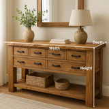 Handcrafted Solid Wood Console Table – Rustic Farmhouse Design with 6 Drawers & Open Shelf