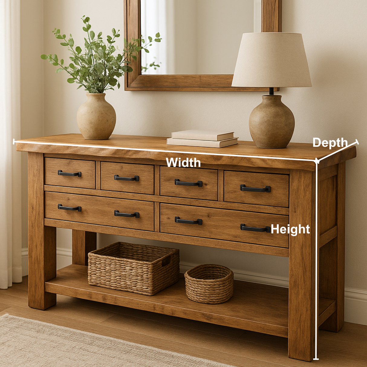 Handcrafted Solid Wood Console Table – Rustic Farmhouse Design with 6 Drawers & Open Shelf