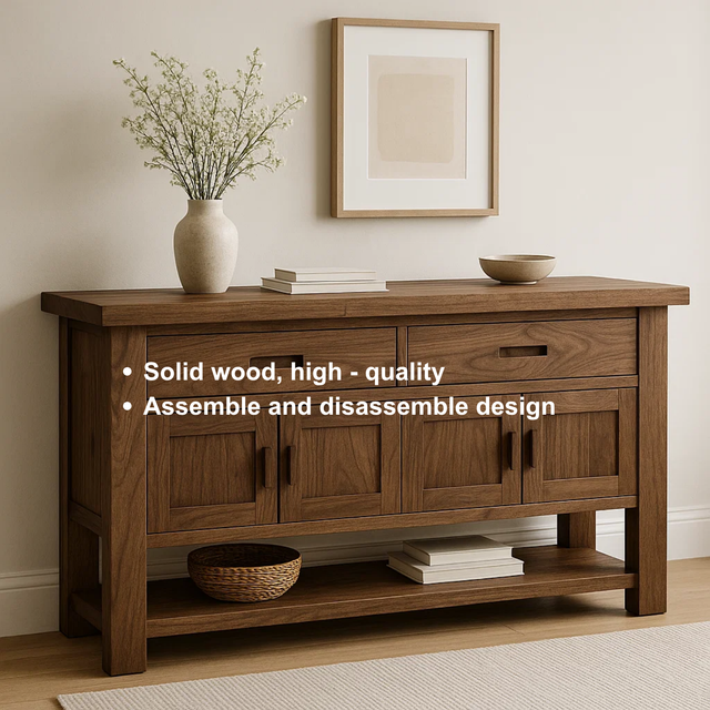 Handcrafted Solid Walnut Console Table – Modern Rustic Design with Storage Cabinets & Drawers