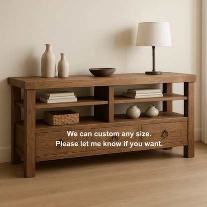 Handcrafted Solid Wood Console Table – Rustic Open Shelf Design with Drawers and Natural Finish