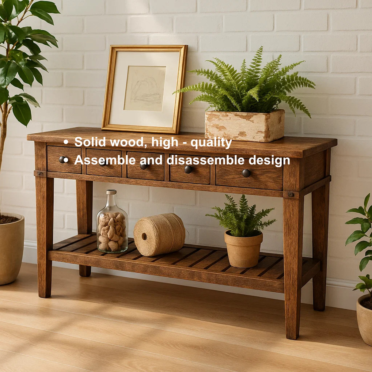 Handcrafted Solid Wood Console Table – Rustic Farmhouse Entryway Table with Drawers and Shelf
