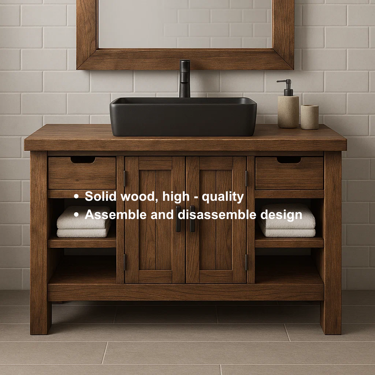 Handcrafted Solid Wood Bathroom Vanity – Modern Farmhouse Cabinet with Shelves and Storage Drawers