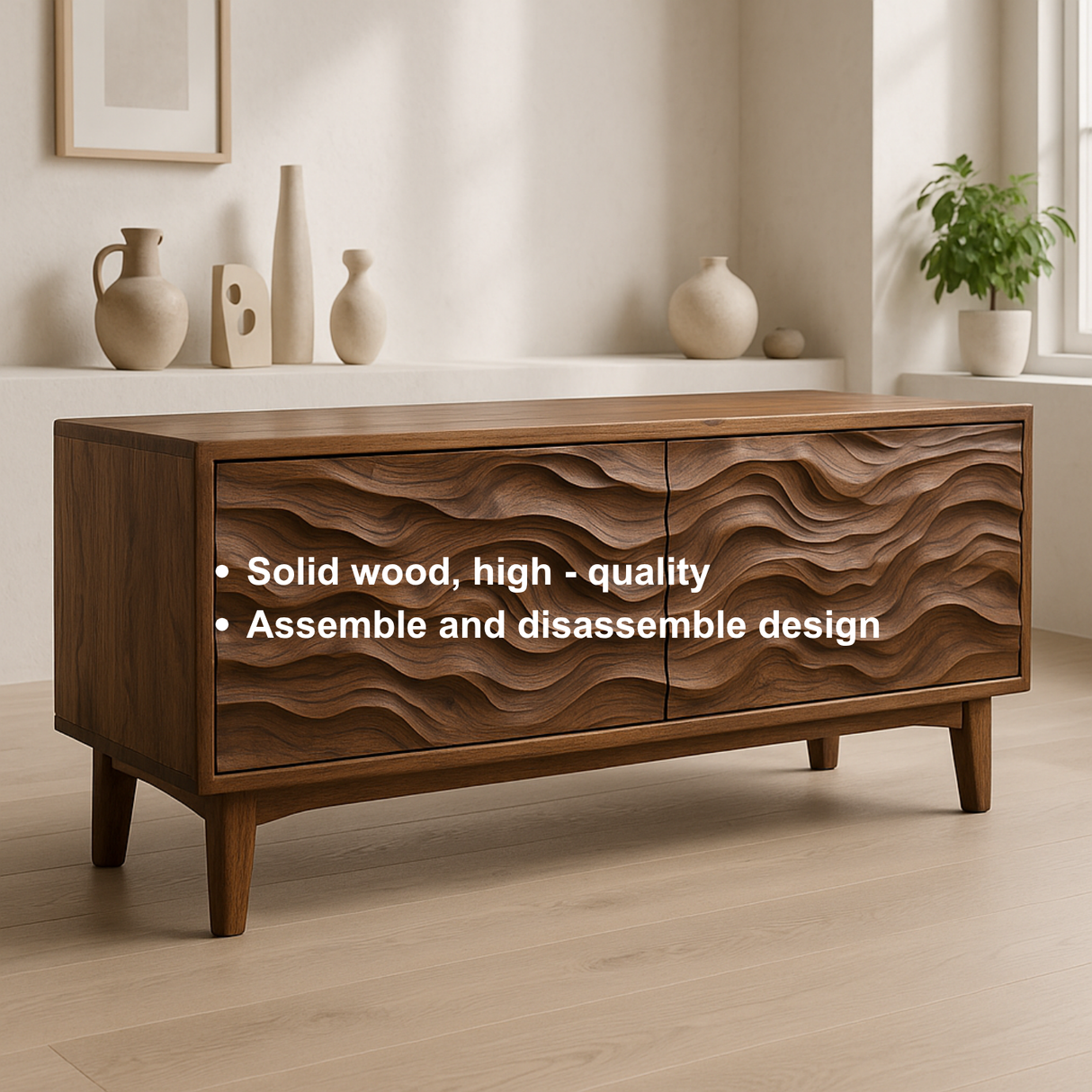 Handcrafted Solid Wood TV Stand – Sculptural Wave Front Credenza for Modern Organic Interiors
