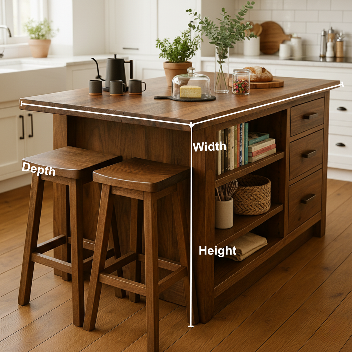 Handcrafted Solid Wood Kitchen Island – Rustic Modern Design with Storage Shelves