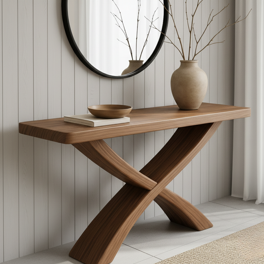 Handcrafted Solid Wood Console Table – Sculptural Cross-Leg Design for Modern Japandi Interiors