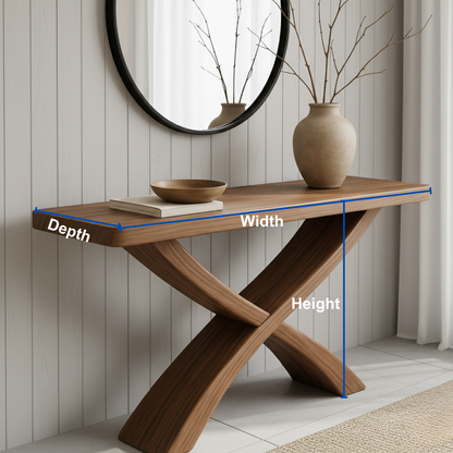 Handcrafted Solid Wood Console Table – Sculptural Cross-Leg Design for Modern Japandi Interiors