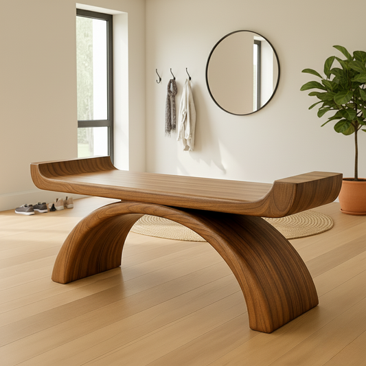 Handcrafted Sculptural Solid Wood Bench – Curved Arch Design for Modern Entryway or Living Space