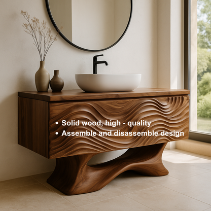 Handcrafted Solid Wood Bathroom Vanity – Sculptural Wave Front Floating Design for Modern Interiors
