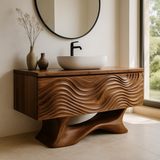 Handcrafted Solid Wood Bathroom Vanity – Sculptural Wave Front Floating Design for Modern Interiors
