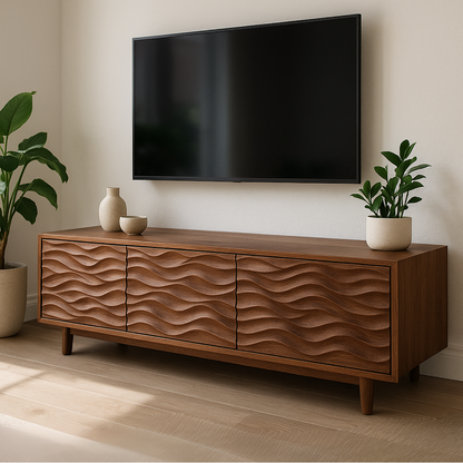 Handcrafted Solid Wood Wavefront TV Stand – Modern Sculptural Media Console