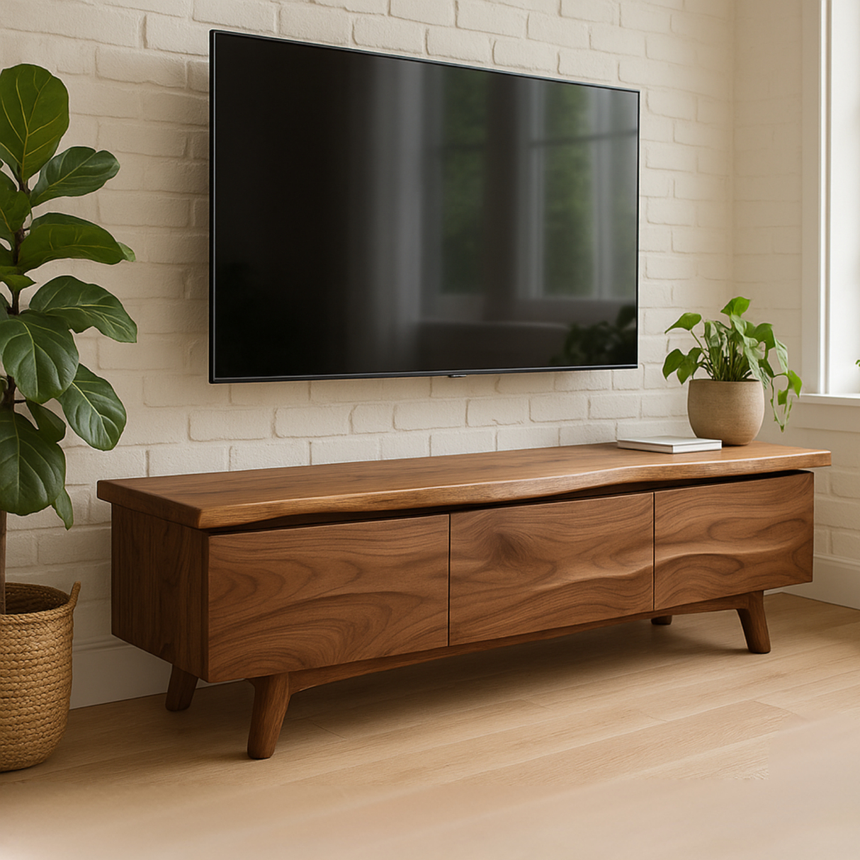 Handcrafted Solid Wood Live Edge TV Stand – Modern Organic Media Console for Living Room