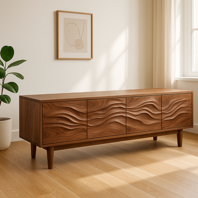 Handcrafted Solid Wood Wavefront TV Stand – Modern Sculptural Media Console