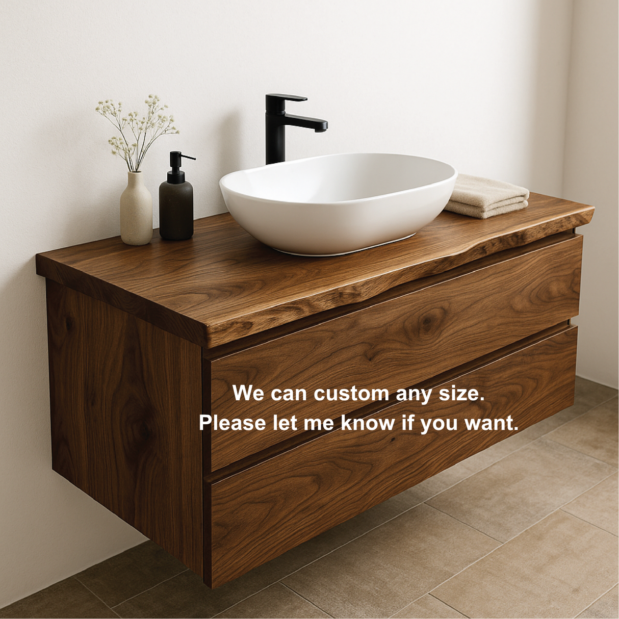 Handcrafted Solid Walnut Floating Vanity – Live Edge Bathroom Vanity for Modern Organic Spaces