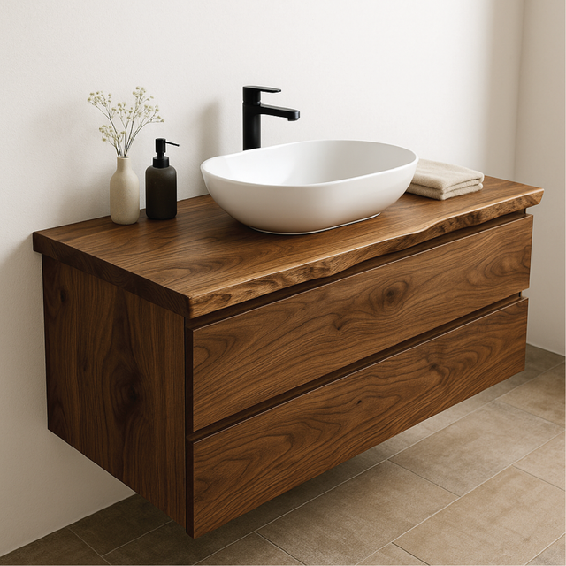 Handcrafted Solid Walnut Floating Vanity – Live Edge Bathroom Vanity for Modern Organic Spaces