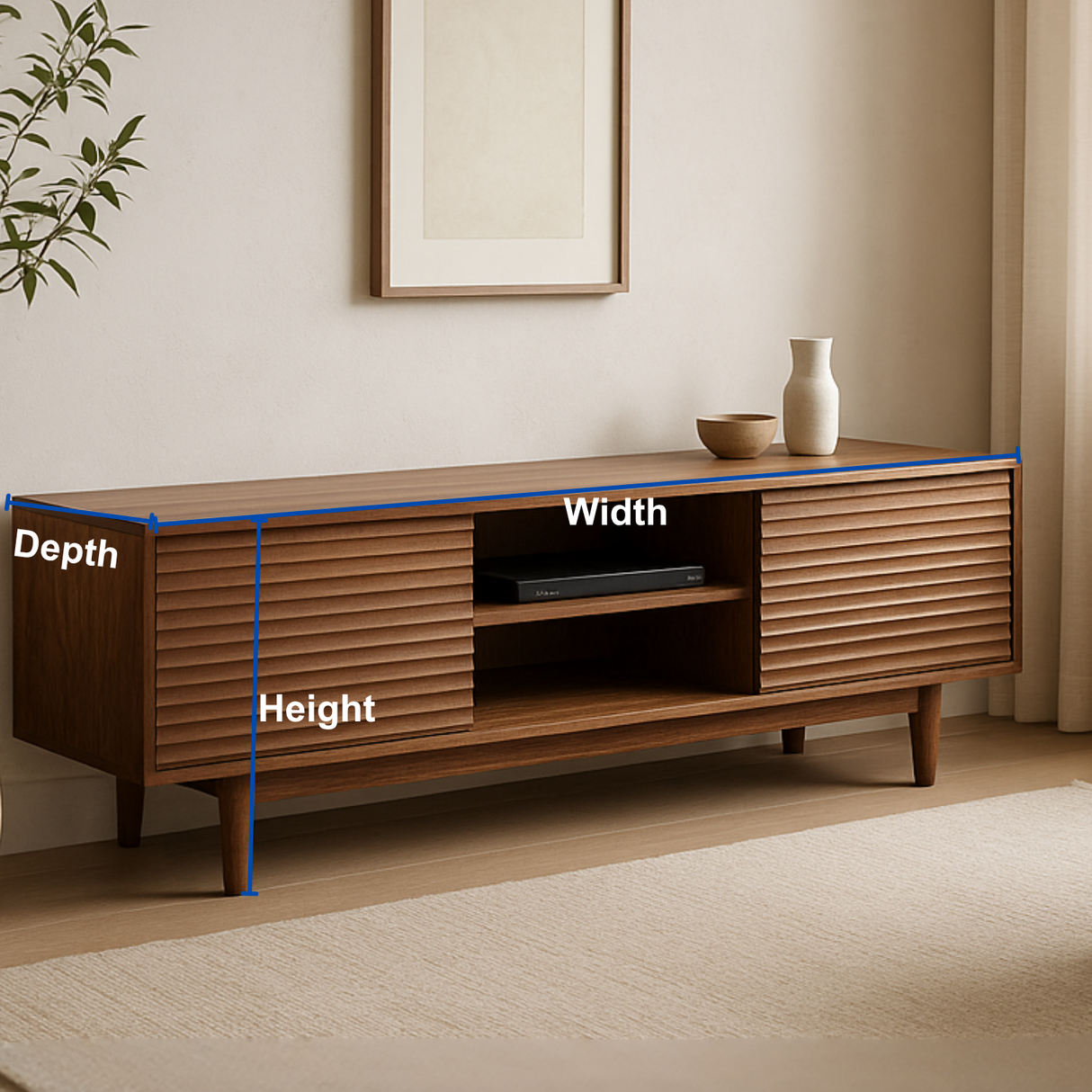 Handcrafted Solid Wood TV Stand – Modern Ribbed Door Media Console for Living Room