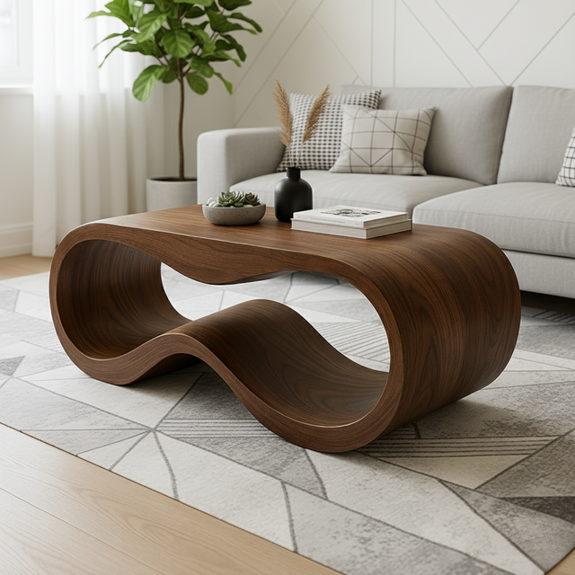 Handcrafted Solid Wood Coffee Table – Modern Sculptural Wave Form Design