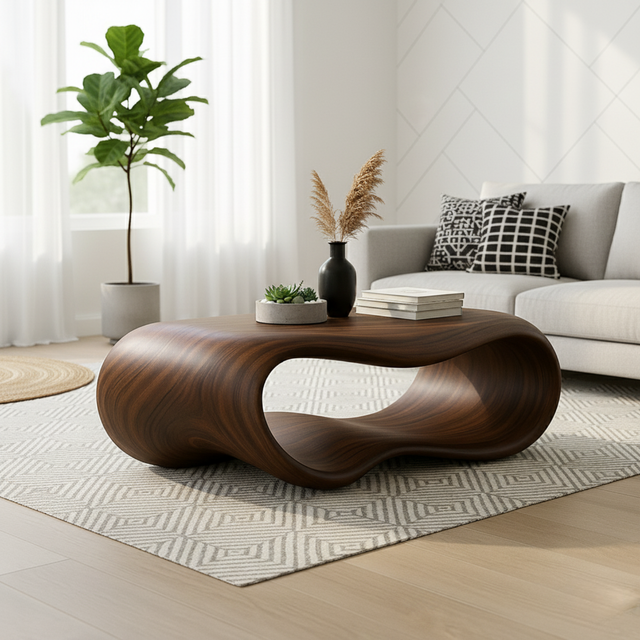 Handcrafted Solid Wood Coffee Table – Sculptural Infinity Wave Form Design