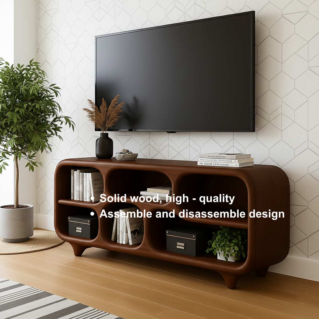 Handcrafted Solid Wood TV Stand – Sculptural Retro-Modern Soft Form Console