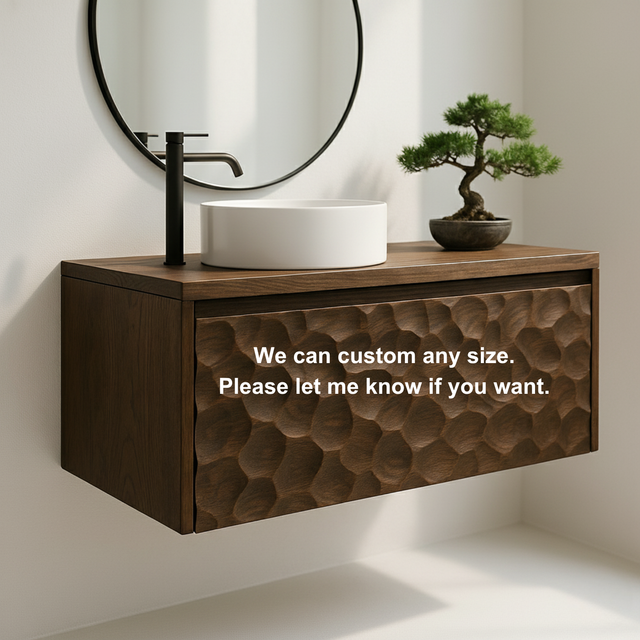 Handcrafted Solid Wood Floating Vanity – Sculptural Hammered Texture Front Design