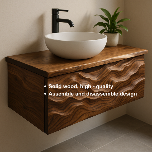 Handcrafted Solid Wood Floating Vanity – Sculptural Ripple Wave Front Design