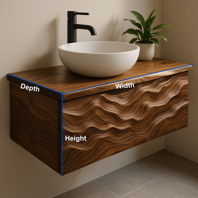 Handcrafted Solid Wood Floating Vanity – Sculptural Ripple Wave Front Design