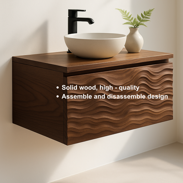 Handcrafted Solid Wood Floating Vanity – Sculptural Wave Relief Front Design
