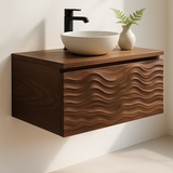 Handcrafted Solid Wood Floating Vanity – Sculptural Wave Relief Front Design