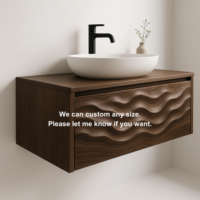 Handcrafted Solid Wood Floating Vanity – Sculptural Soft Wave Front Design