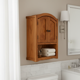 Handcrafted Solid Wood Wall Cabinet with Arched Doors and Open Shelf Storage