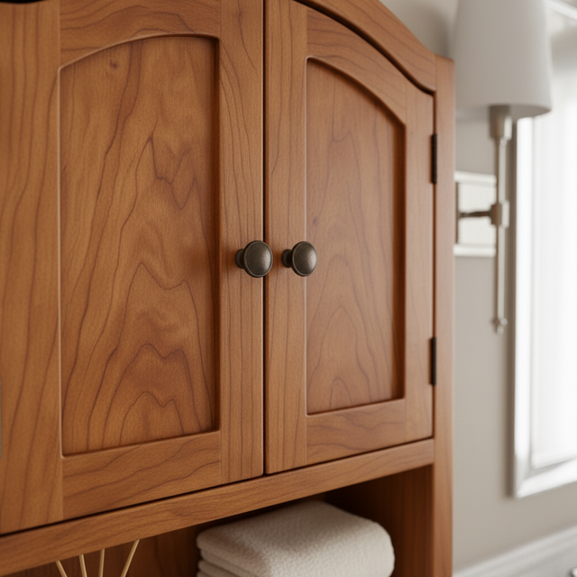 Handcrafted Solid Wood Wall Cabinet with Arched Doors and Open Shelf Storage