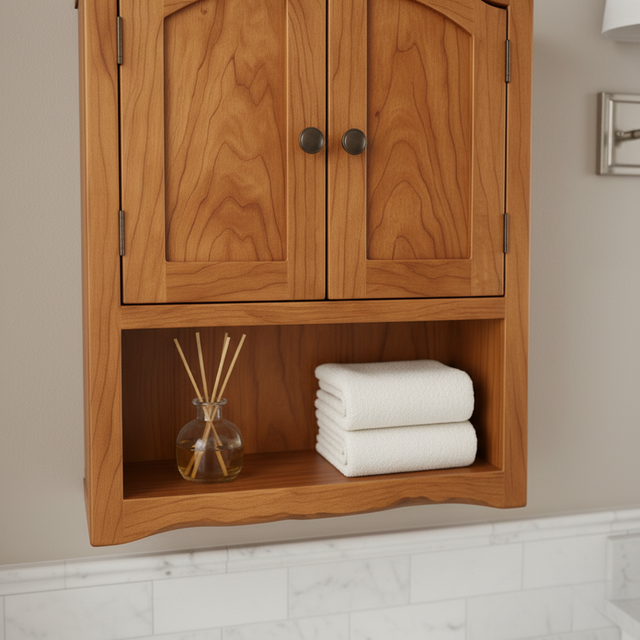 Handcrafted Solid Wood Wall Cabinet with Arched Doors and Open Shelf Storage
