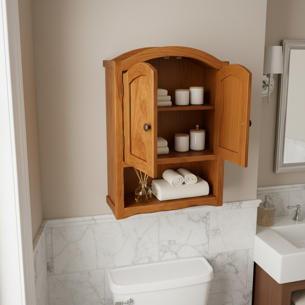 Handcrafted Solid Wood Wall Cabinet with Arched Doors and Open Shelf Storage