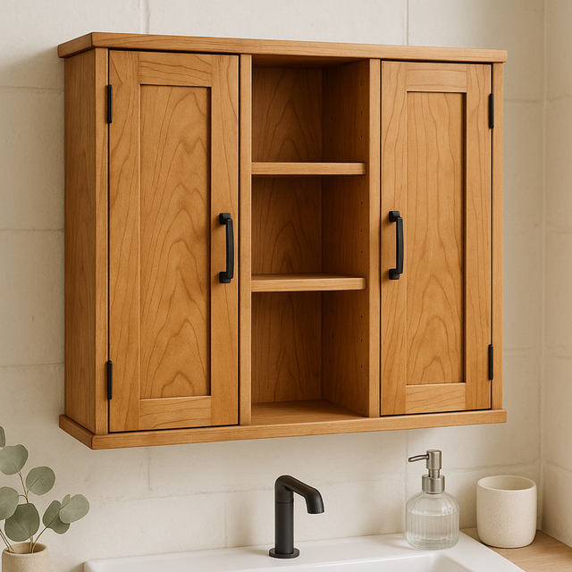 Handcrafted Solid Wood Wall Cabinet with Double Doors and Open Shelves